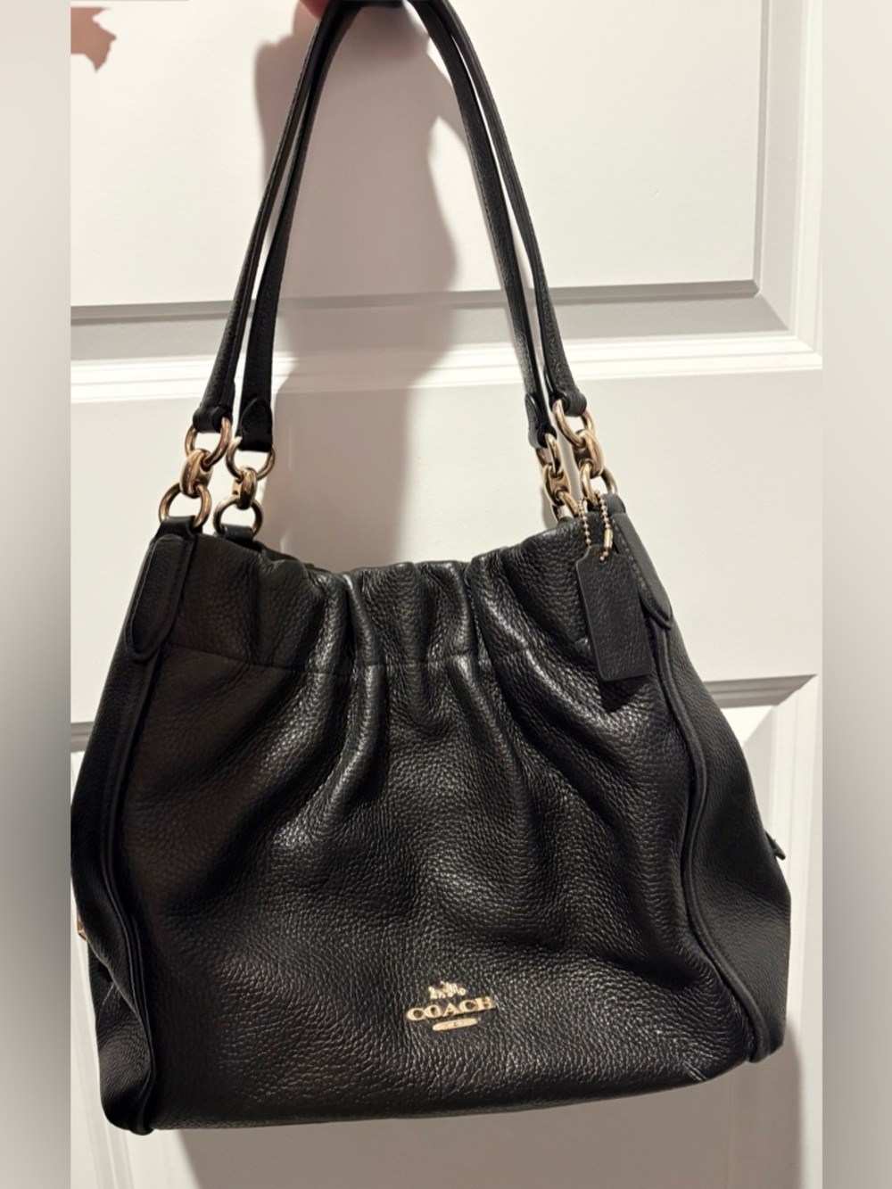 Coach Maya Black Pebbled Leather Double-Handle Shoulder Bag with Gold Hardware